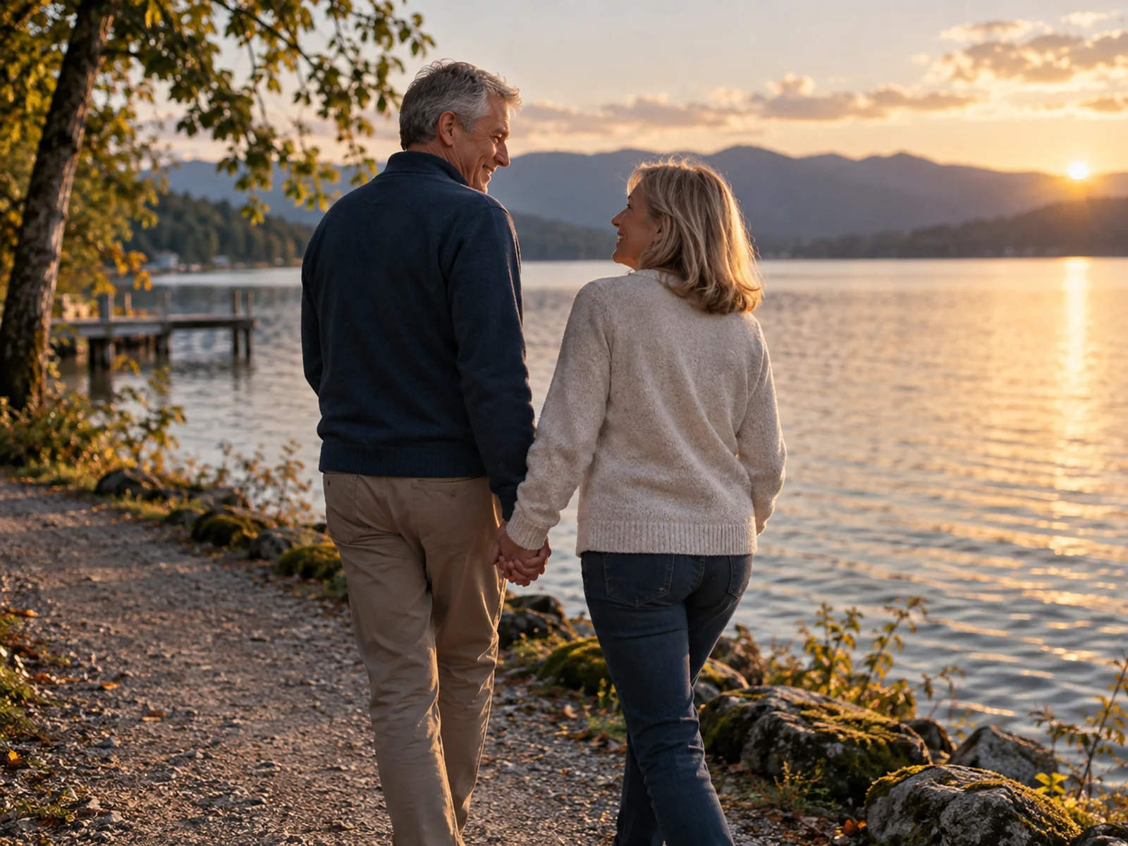 A couple walking beside a lake in the warm light of morning.
