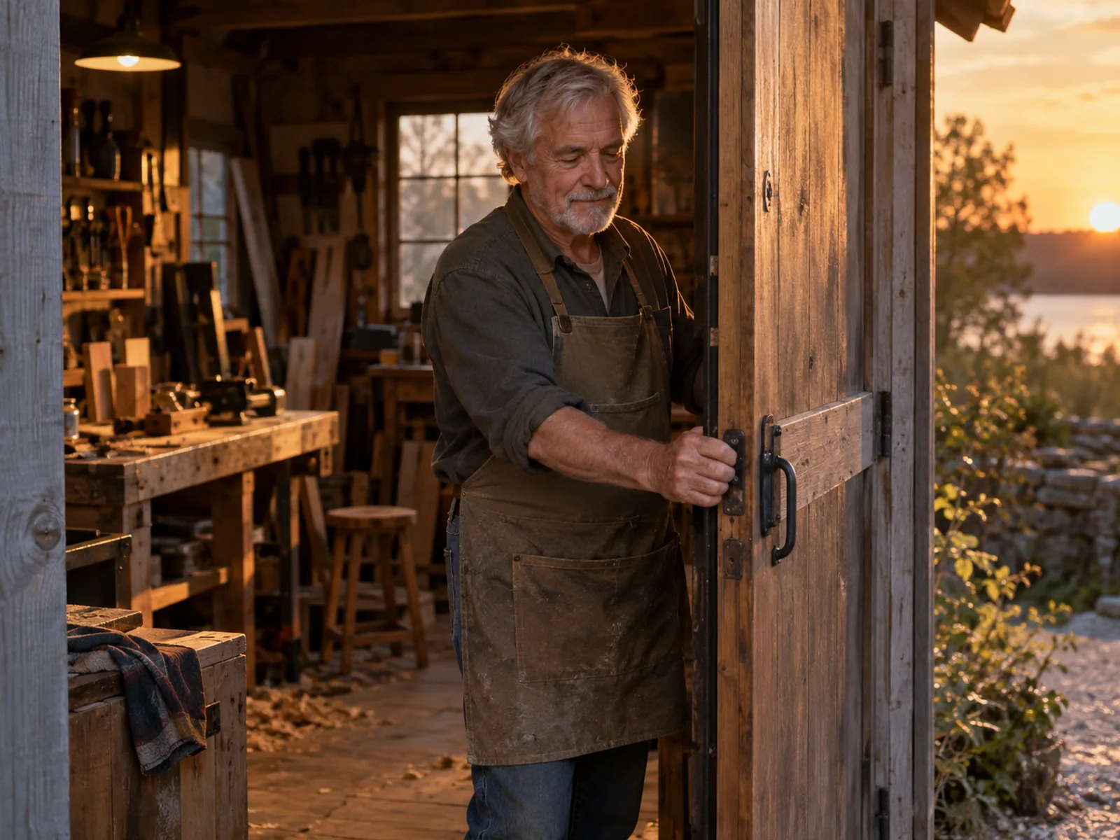 An experienced craftsperson closing a workshop at the end of the day.