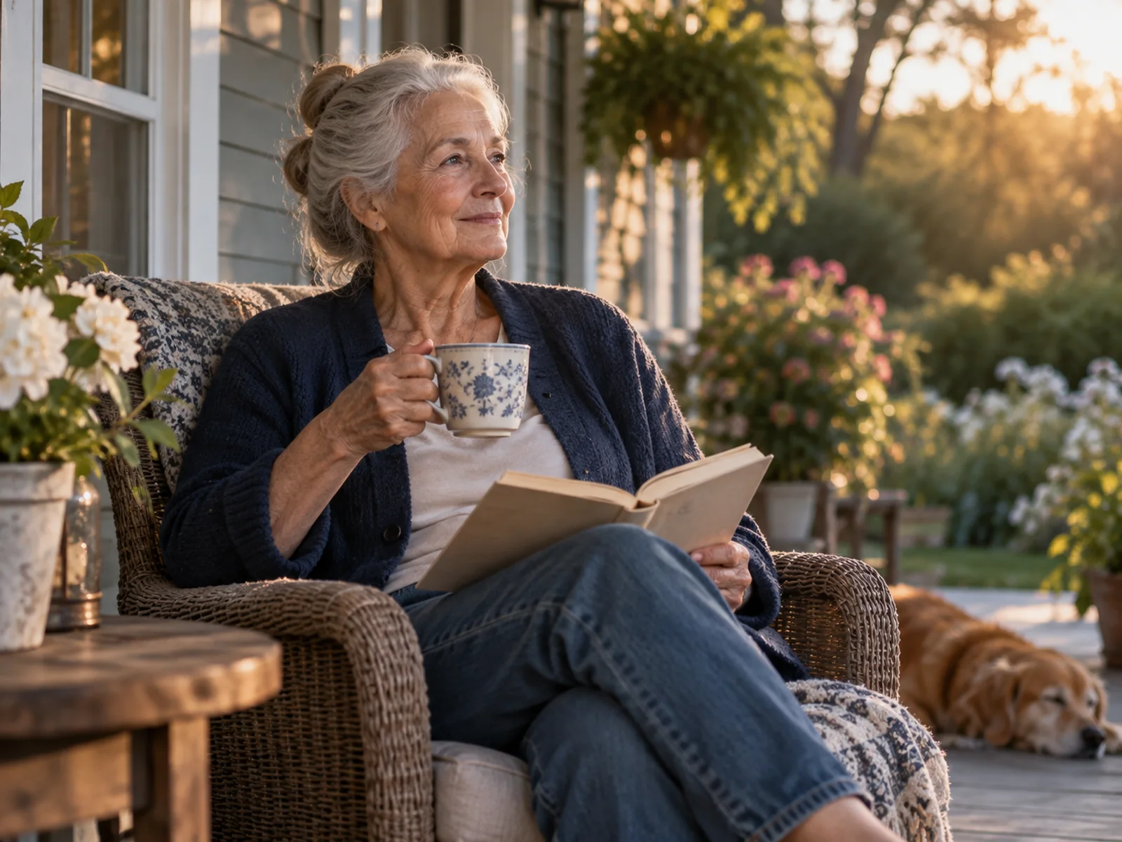 A woman enjoying a quiet moment with a book on her porch.