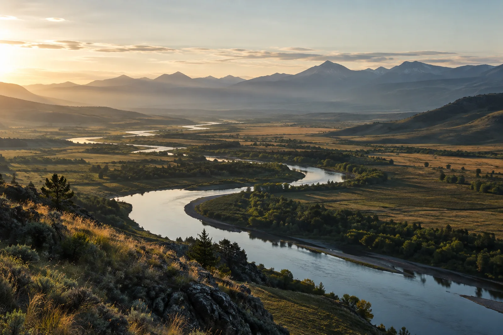 A winding river connecting a broad valley and distant mountains.