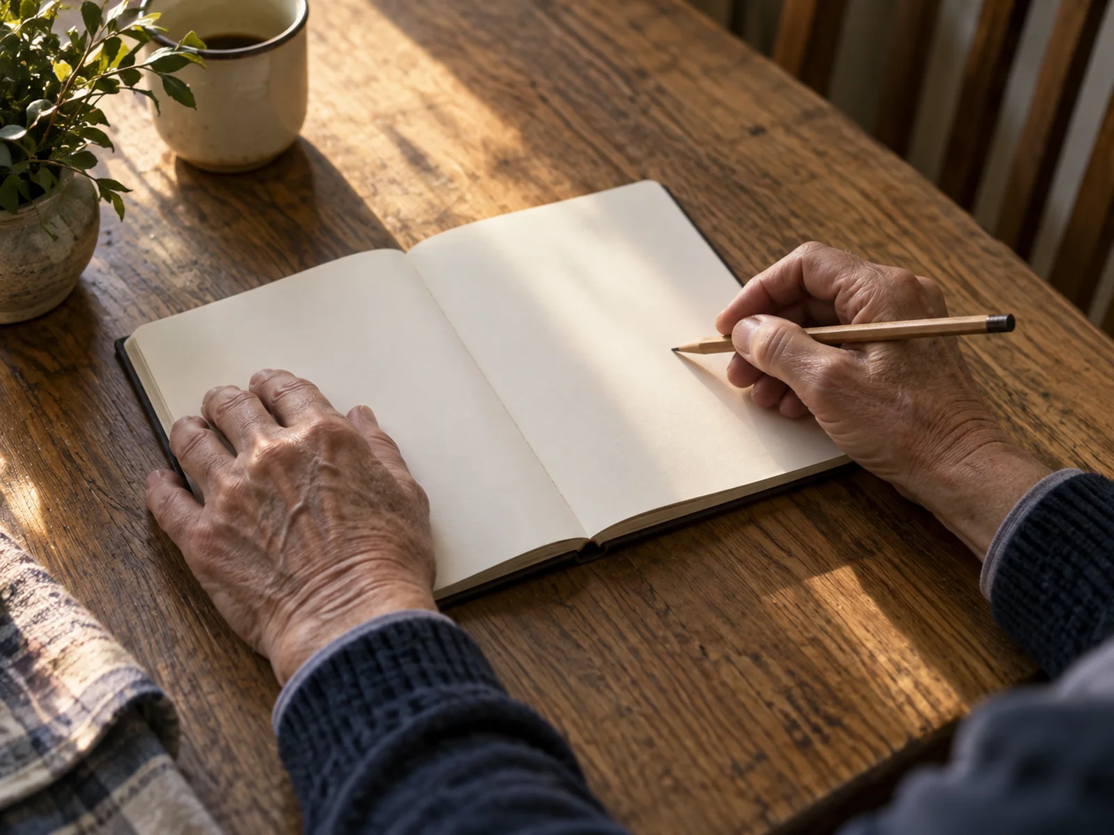 Hands resting beside a notebook in soft window light.