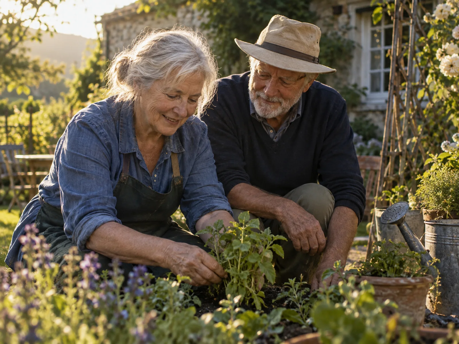 An older couple enjoying time in a sunlit garden.